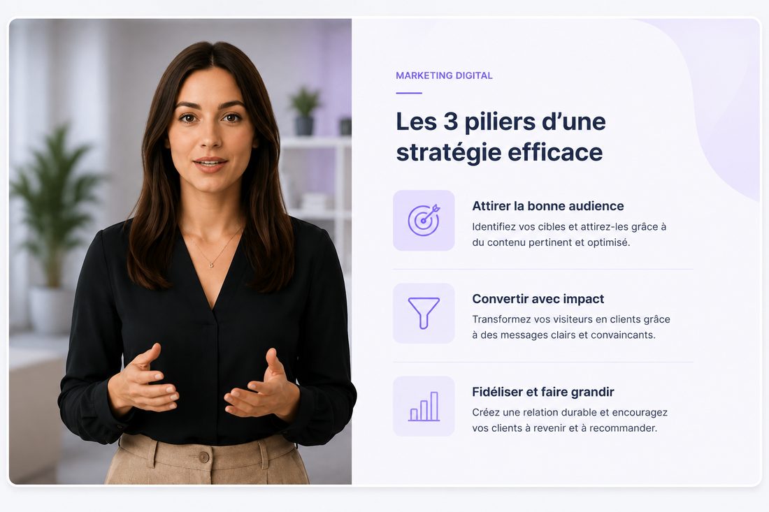 Vidéo pédagogique avec avatar IA présentant un contenu de formation, accompagné d'éléments visuels et de motion design